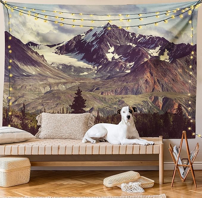 Ambesonne Alaska Mountains Tapestry Twin Size, Arctic Landscape Hiking Alaska Mountains Scenery in Usa Wilderness, Wall Hanging Bedspread Bed Cover Wall Decor, 68" X 88", Green Black White
