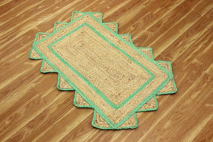 Scalloped Edge Rug, Hand Woven Natural Jute Area Rug, 3x5 Ft Beige & Green Braided Sisal Kilim Rugs for Living Room, Kitchen, Entryway, Farmhouse