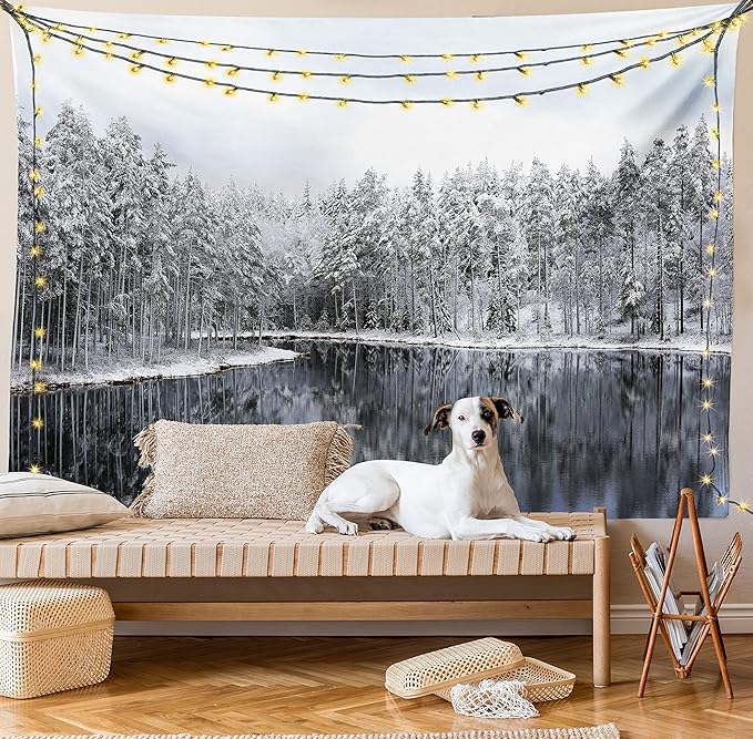 Ambesonne Woodland Tapestry, Lake Surrounded by Snow Covered Trees on a Cold Winter Day in Finland Reflections, Fabric Wall Hanging Decor for Bedroom Living Room Dorm, 30" X 45", White Brown