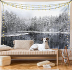 Ambesonne Woodland Tapestry Queen Size, Lake Surrounded by Snow Covered Trees on a Cold Winter Day in Finland Reflections, Wall Hanging Bedspread Bed Cover Wall Decor, 88" X 88", White Brown
