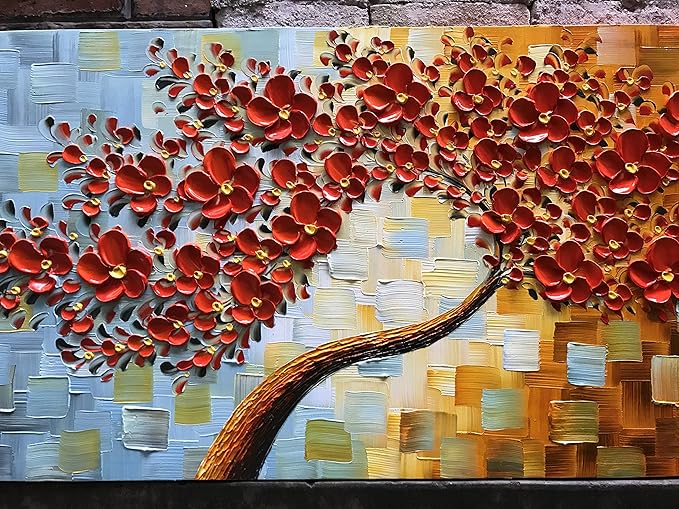 YaSheng Art - large size Red Flower Canvas Wall Art handpainted Contemporary Art Oil Painting On Canvas Texture Abstract 3D Tree Paintings Modern Home Decor Wall Art for living room Ready to hang 24x60inch