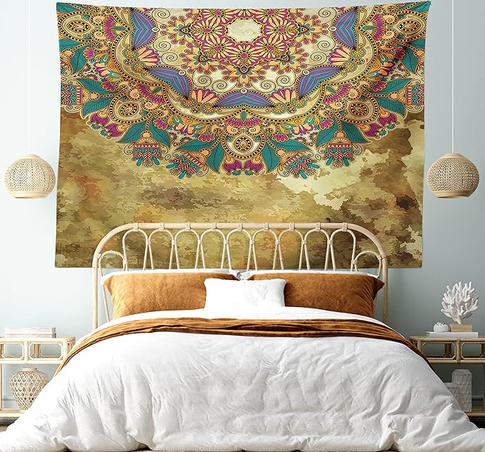Ambesonne Grunge Tapestry Twin Size, Paisley Like Mandala Motif with Flowers Leaves and Buds Image, Wall Hanging Bedspread Bed Cover Wall Decor, 68" X 88", Dark Mustard Sepia