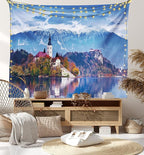 Ambesonne Landscape Tapestry, Photo of Bled in Slovenia with Lake Snowy Mountains and a Castle Pastoral Scenery, Fabric Wall Hanging Decor for Bedroom Living Room Dorm, 23" X 28", Blue Lavender