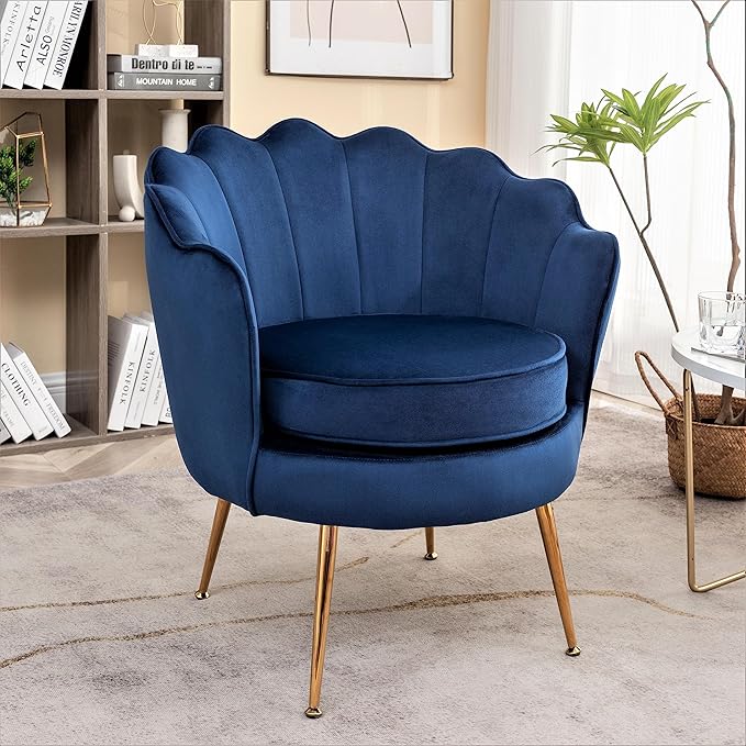 Velvet Barrel Accent Chair with Scalloped Silhouette and Gold Metal Legs, Decorative Piece Suitable for Traditional, Modern, and Contemporary Spaces, Navy Blue