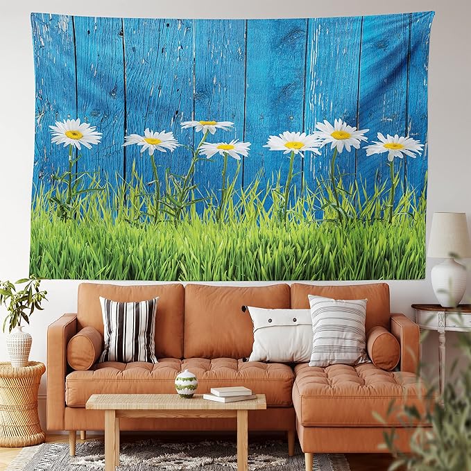Ambesonne Flower Tapestry, Fresh Springtime Grass and Daisy on Fence Summer Simple Vintage Style Print, Wide Wall Hanging for Bedroom Living Room Dorm, 60" X 40", Blue and Green