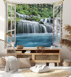 Ambesonne Waterfall Tapestry Queen Size, Majestic Waterfall Landscape Through a Window Imaginary Secret Paradise Print, Wall Hanging Bedspread Bed Cover Wall Decor, Queen Size, Blue Green