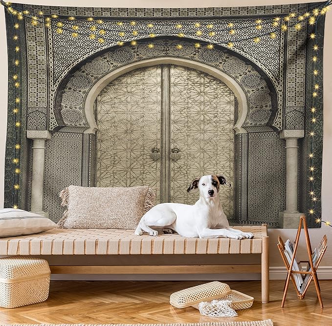 Ambesonne Moroccan Tapestry King Size, Aged Door Geometric Pattern Doorway Design Entrance Architectural Oriental Style, Wall Hanging Bedspread Bed Cover Wall Decor, 88" X 88", Sepia Black