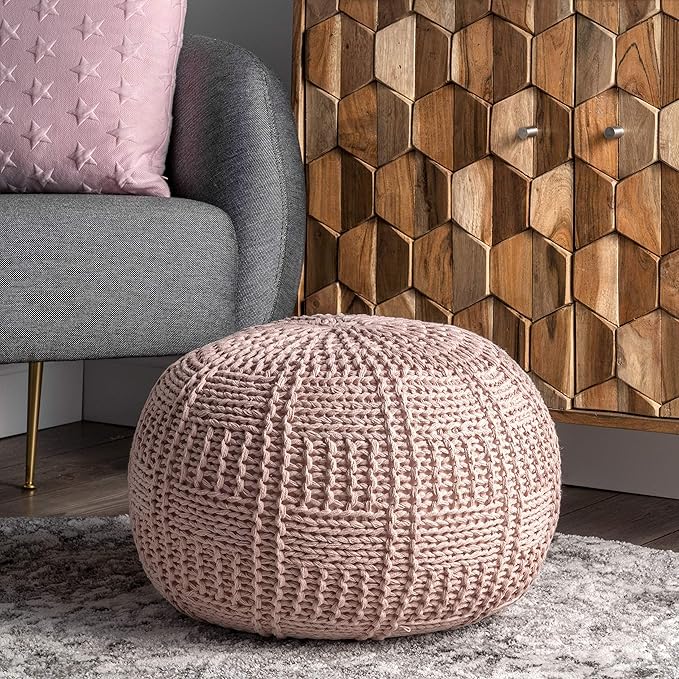 nuLOOM Berlin Casual Knitted Filled Ottoman Pouf, Blush, 14" x 20" x 20"