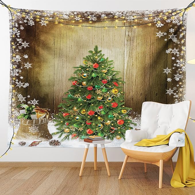 Ambesonne Christmas Tapestry, Pine Tree with Present Boxes on Snowy Board Xmas at Countryside Theme, Fabric Wall Hanging Decor for Bedroom Living Room Dorm, 23" X 28", Green Brown
