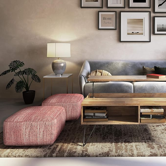 SIMPLIHOME Nate Square Pouf - 20 inch Wide Upholstered Handwoven Cotton Ottoman in Patterned Maroon Melange, Boho Footstool or Extra Seating for Living Room with Artisanal Texture, Assembled