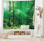 Ambesonne Forest Tapestry King Size, Sun Rays Bursting into the Forest Trees Foliage Misty Morning Serenity Picture, Wall Hanging Bedspread Bed Cover Wall Decor, 104" X 88", White and Green