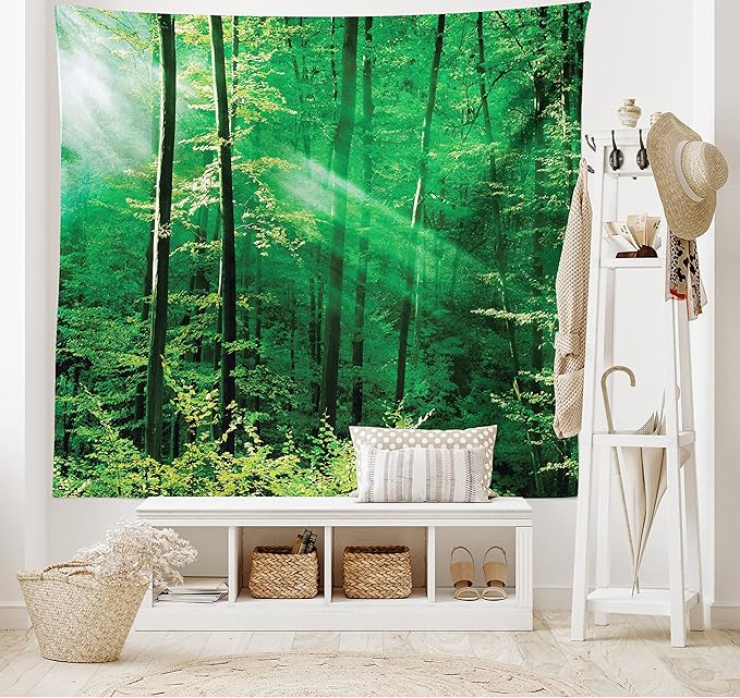 Ambesonne Forest Tapestry, Sun Rays Bursting into the Forest Trees Foliage Misty Morning Serenity Picture, Wide Wall Hanging for Bedroom Living Room Dorm, 80" X 60", White and Green