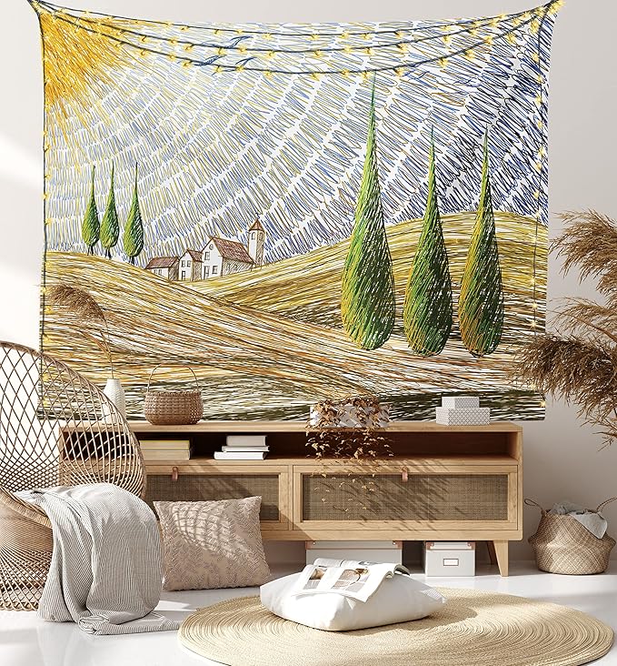Ambesonne Italian Tapestry King Size, Van Gogh Style Italy Valley Rural Fields European Scenery Painting Print, Wall Hanging Bedspread Bed Cover Wall Decor, 104" X 88", Tan Blue Green