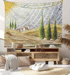 Ambesonne Italian Tapestry King Size, Van Gogh Style Italy Valley Rural Fields European Scenery Painting Print, Wall Hanging Bedspread Bed Cover Wall Decor, 104" X 88", Tan Blue Green