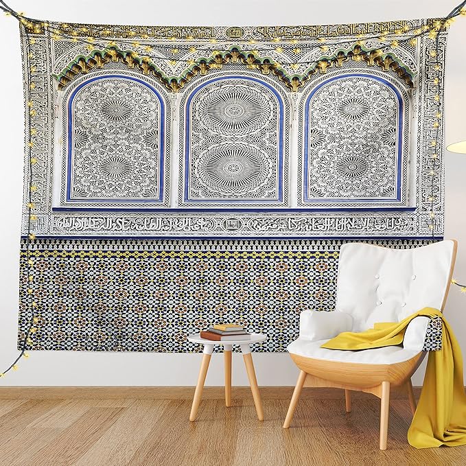 Ambesonne Orient Tapestry, Nostalgic Moroccan Architecture Stone Carving and Motifs Majestic Ottoman Empire, Fabric Wall Hanging Decor for Bedroom Living Room Dorm, 23" X 28", Grey Blue