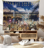 Ambesonne Cityscape Tapestry, Night View Hong Kong Victoria Harbor Business Financial District Cityscape Print, Fabric Wall Hanging Decor for Bedroom Living Room Dorm, 28" X 23", White Indigo