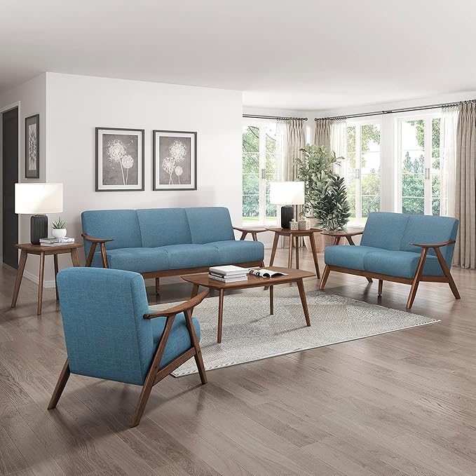 Lexicon Mid Century Modern Accent Chair with Solid Wood Frame in Walnut Finish, Upholstered Living Room Lounge Arm Chair, Thick and Comfy Innerspring Seat Cushion, Linen-Look Fabric, Blue