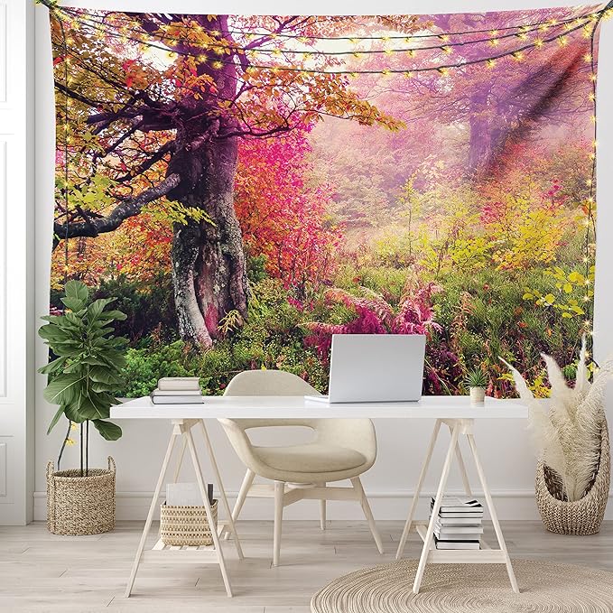 Ambesonne Forest Tapestry King Size, Majestic Landscape Autumn Trees in Woodland Natural Garden in Ukraine, Wall Hanging Bedspread Bed Cover Wall Decor, 104" X 88", Red Green Brown