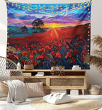 Ambesonne Country Tapestry King Size, Clouds at Sunset Paint Scenery of Poppy Flower Garden on Valley with Horizon, Wall Hanging Bedspread Bed Cover Wall Decor, 104" X 88", Burgundy Deep Sky Blue