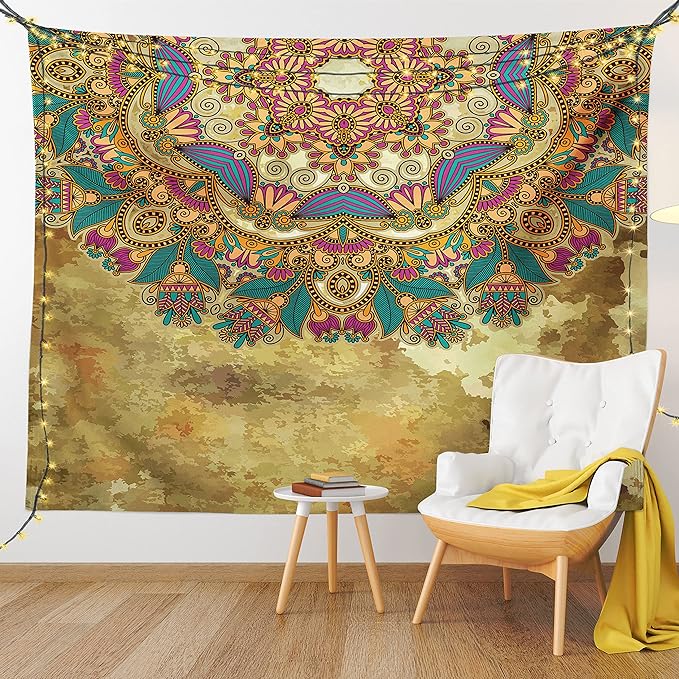 Ambesonne Grunge Tapestry, Paisley Like Mandala Motif with Flowers Leaves and Buds Image, Fabric Wall Hanging Decor for Bedroom Living Room Dorm, 28" X 23", Dark Mustard Sepia