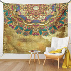 Ambesonne Grunge Tapestry Queen Size, Paisley Like Mandala Motif with Flowers Leaves and Buds Image, Wall Hanging Bedspread Bed Cover Wall Decor, 88" X 88", Dark Mustard Sepia