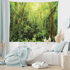 Ambesonne Rainforest Tapestry, Tropical Rainforest Landscape Malaysia Asia Green Tree Trunks Uncultivated Wood Print, Fabric Wall Hanging Decor for Bedroom Living Room Dorm, 45" X 30", Green Yellow