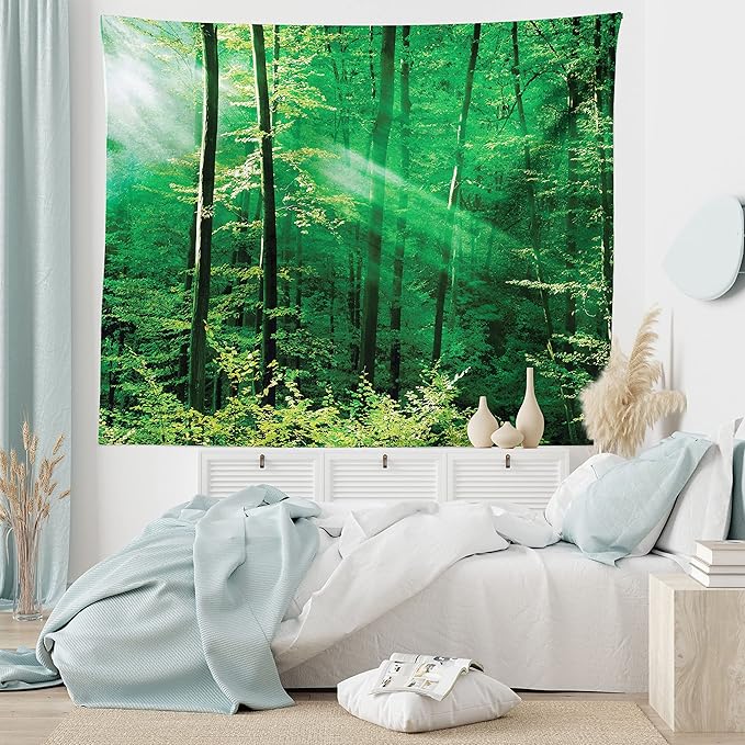 Ambesonne Forest Tapestry, Sun Rays Bursting into the Forest Trees Foliage Misty Morning Serenity Picture, Wide Wall Hanging for Bedroom Living Room Dorm, 80" X 60", White and Green