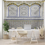 Ambesonne Orient Tapestry King Size, Nostalgic Moroccan Architecture Stone Carving and Motifs Majestic Ottoman Empire, Wall Hanging Bedspread Bed Cover Wall Decor, 104" X 88", Grey Blue