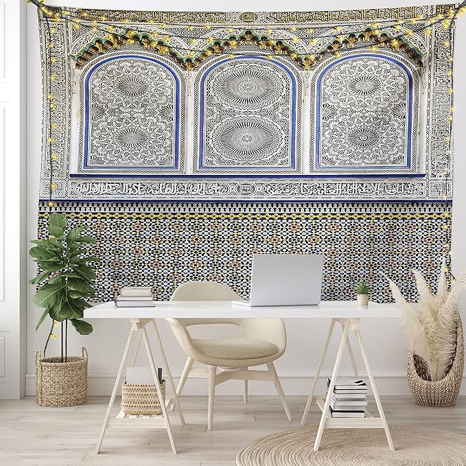 Ambesonne Orient Tapestry King Size, Nostalgic Moroccan Architecture Stone Carving and Motifs Majestic Ottoman Empire, Wall Hanging Bedspread Bed Cover Wall Decor, 104" X 88", Grey Blue