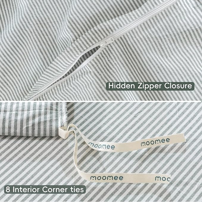 MooMee Striped Duvet Cover Set 100% Washed Cotton Linen Like Textured Breathable Durable Soft Comfy (Heathered Green Pinstripes, Oversized King Plus 128"x120")