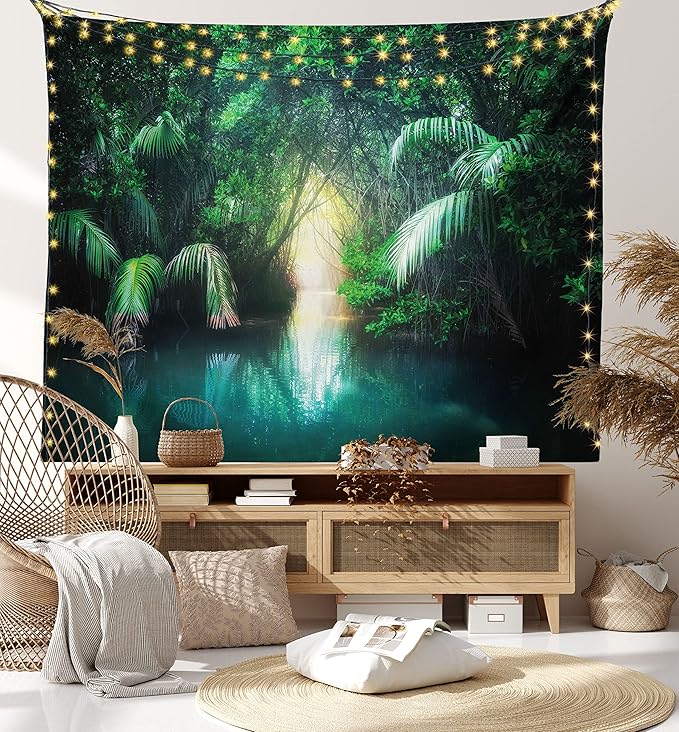 Ambesonne Jungle Tapestry, Tropical Lake Mangrove Rainforest Pathway Through Sri Lanka Travel Destination, Fabric Wall Hanging Decor for Bedroom Living Room Dorm, 23" X 28", Green Teal
