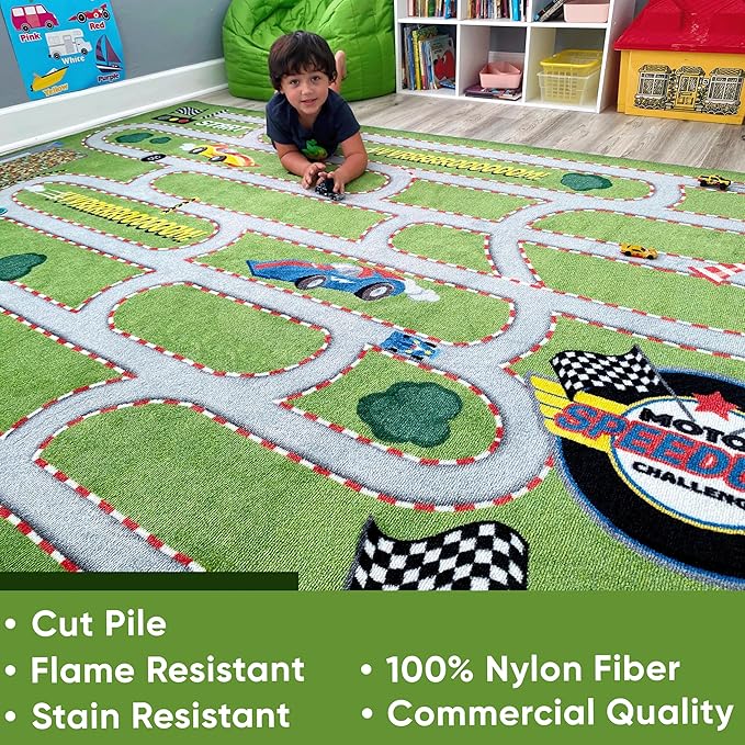 KIDCARPET.COM Race Track Play Mat Rug | Interactive Activity Carpet for Preschool Playroom Toy Car Track, 4' x 6'