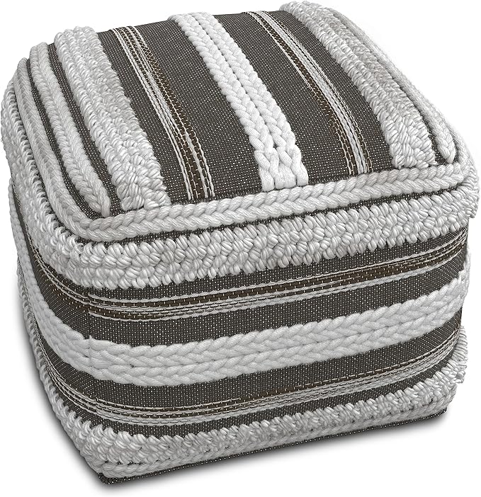 SIMPLIHOME Sommer Boho Square Pouf in Natural/Taupe Grey Handloom Woven Pattern for the Living Room, Bedroom and Kids Room