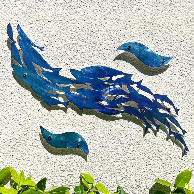 LiveInUrban Coastal Wall Art School of Fish Metal Wall Sculptures, Ocean Beach Themed Metal Hanging Home Decoration 3PCS 15.9"x11.5"