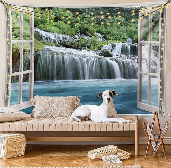 Ambesonne Waterfall Tapestry Queen Size, Majestic Waterfall Landscape Through a Window Imaginary Secret Paradise Print, Wall Hanging Bedspread Bed Cover Wall Decor, Queen Size, Blue Green