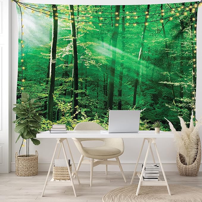 Ambesonne Forest Tapestry, Sun Rays Bursting into the Forest Trees Foliage Misty Morning Serenity Picture, Wide Wall Hanging for Bedroom Living Room Dorm, 80" X 60", White and Green