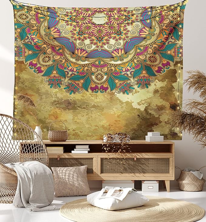 Ambesonne Grunge Tapestry Queen Size, Paisley Like Mandala Motif with Flowers Leaves and Buds Image, Wall Hanging Bedspread Bed Cover Wall Decor, 88" X 88", Dark Mustard Sepia