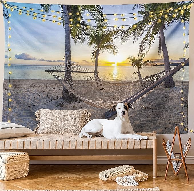 Ambesonne Tropical Tapestry, Paradise Beach Hammock and Coconut Palm Trees Horizon Coast Vacation Scenery, Fabric Wall Hanging Decor for Bedroom Living Room Dorm, 28" X 23", Sand Brown