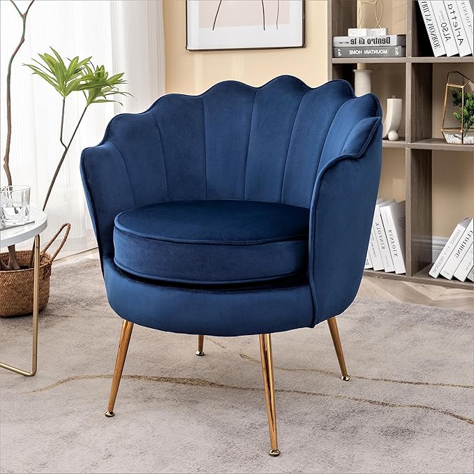 Velvet Barrel Accent Chair with Scalloped Silhouette and Gold Metal Legs, Decorative Piece Suitable for Traditional, Modern, and Contemporary Spaces, Navy Blue