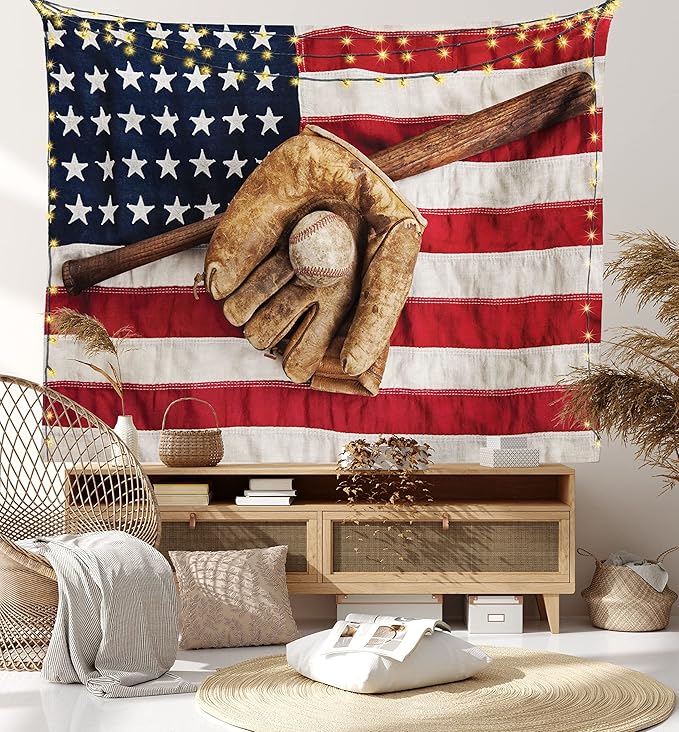 Ambesonne Baseball Tapestry King Size, Vintage Baseball League Equipment Usa Grunge Glove Bat Fielding Sports Theme, Wall Hanging Bedspread Bed Cover Wall Decor, 104" X 88", Red Brown