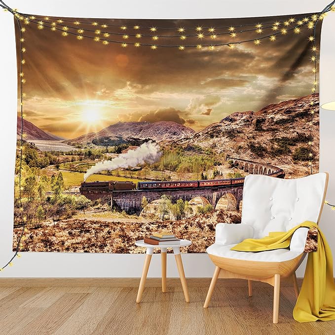 Ambesonne Wizard Tapestry, Wizard Express Famous Train Landscape Glenfinnan Railway Viaduct Scotland Sunset, Fabric Wall Hanging Decor for Bedroom Living Room Dorm, 28" X 23", Brown Green