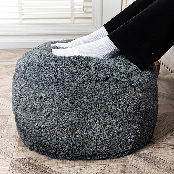 Fur Ottoman Stool Unstuffed Footstool Cover Floor Pouf NO Filler Foot Rest 20x12 In Round Poof Seat Bean Bag Chair Foldable Storage for Living Room Bedroom Cover ONLY Dark Gray
