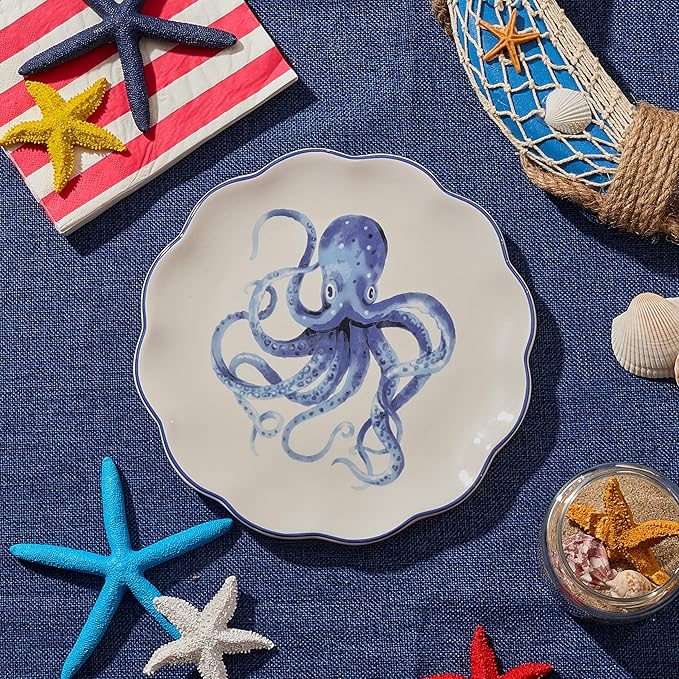 Bico Ocean Wonders Scalloped Salad Plates Set of 4, 8.75 Inch Ceramic Dessert Plates for Salad, Appetizer, Side Dishes, Microwave and Dishwasher Safe, Gift for Housewarming and Christmas