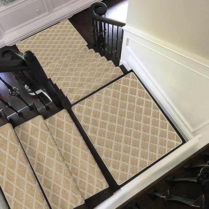 PURE ERA Bullnose Carpet Stair Treads Set Tape Free Non-Slip Indoor Stair Protectors Pet Friendly Rugs 9.5" x 30"(14 Pieces,Khaki Diamond Trellis)