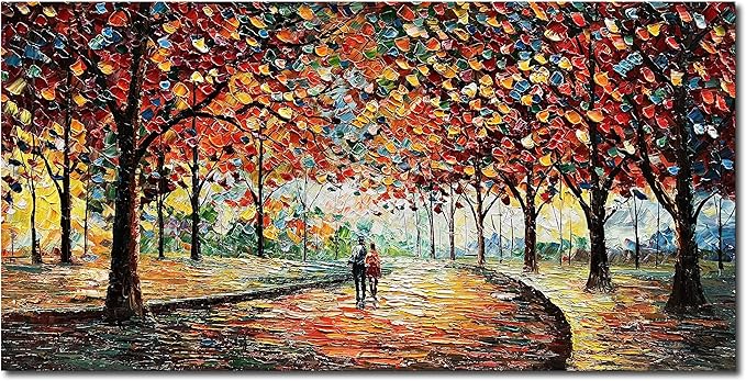 Art 24x48 Inch Hand-Painted Landscape Oil Painting Wall Art Lovers Stroll Along The Park Path Oil Painting Living Room Bedroom Wall Decoration