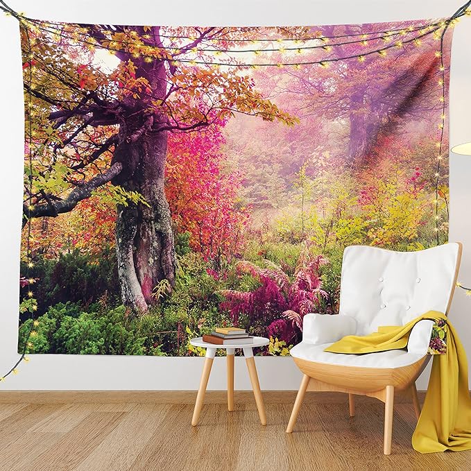 Ambesonne Forest Tapestry Twin Size, Majestic Landscape Autumn Trees in Woodland Natural Garden in Ukraine, Wall Hanging Bedspread Bed Cover Wall Decor, 68" X 88", Red Green Brown