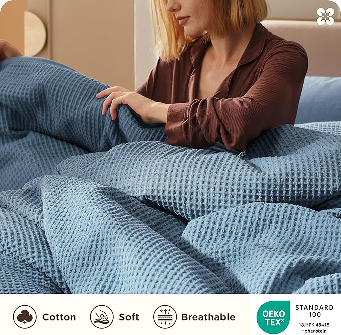 Bedsure Cotton Duvet Cover Queen - 100% Cotton Waffle Weave Grey Blue Duvet Cover Queen Size, GentleSoft™ and Breathable Bedding Set for All Season, 3 Pieces, 90"x90"