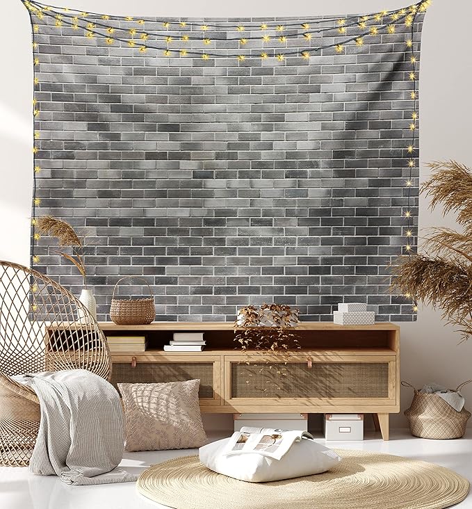 Ambesonne Grey and White Tapestry King Size, Modern Brick Wall Tiles Urban Construction Architecture Building Town Art Picture, Wall Hanging Bedspread Bed Cover Wall Decor, 104" X 88", Grey