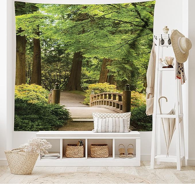 Ambesonne Japanese Tapestry, Wooden Bridge over Pond in Garden Calmness in Shadow of Trees Serenity in Nature, Fabric Wall Hanging Decor for Bedroom Living Room Dorm, 45" X 30", Green Brown