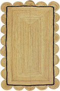 Scalloped Edge Rug, Hand Woven Natural Jute Area Rug, 10x14 Ft Beige & Black Braided Sisal Kilim Rugs for Living Room, Kitchen, Entryway, Farmhouse